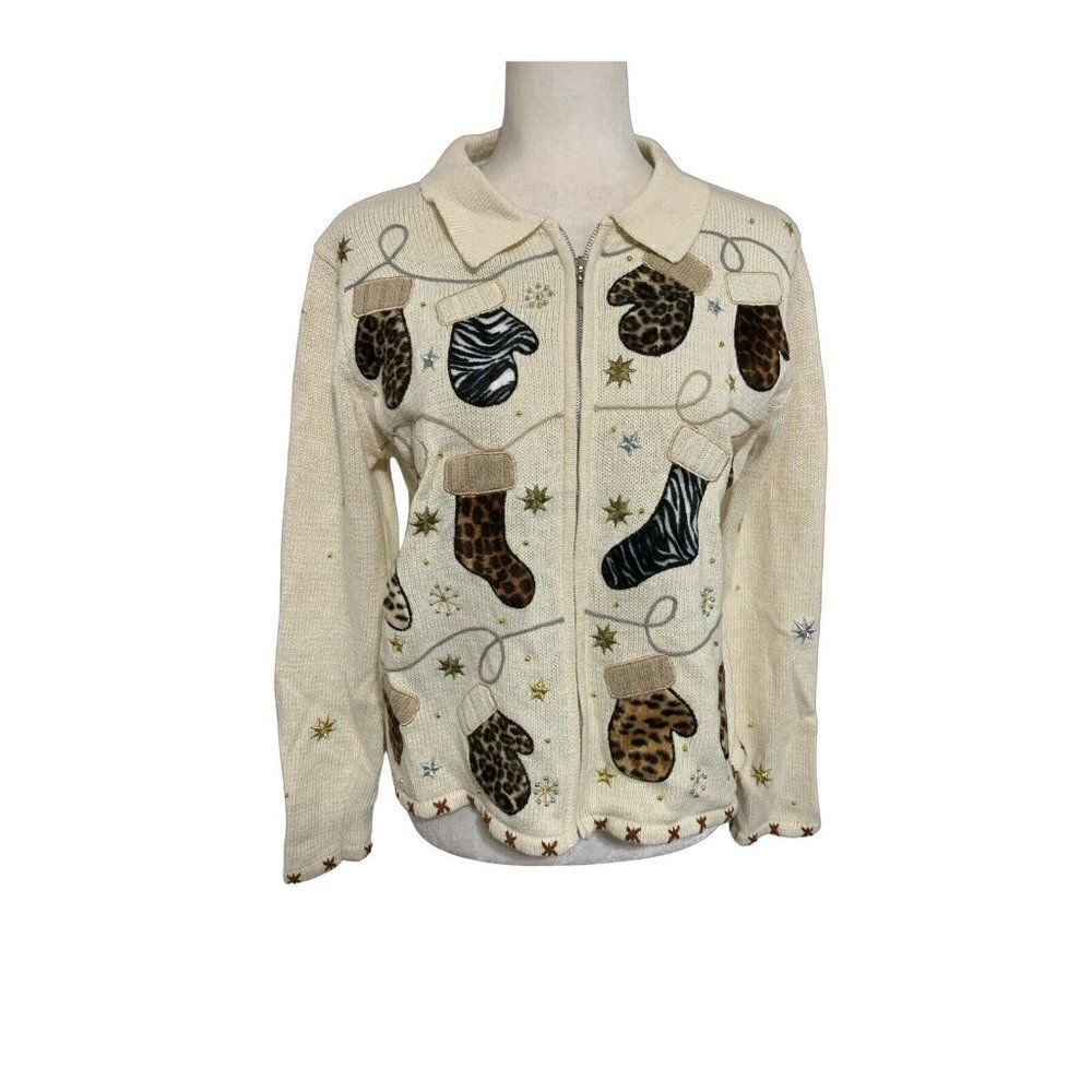 segue womens ugly christmas sweater beige mitten leopard print long sleeve small
